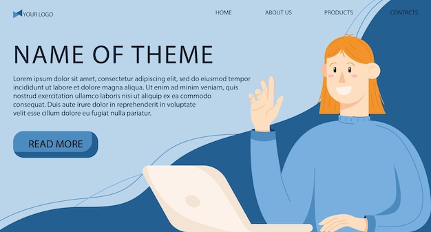 Pagina di destinazione del personaggio femminile che agita la mano per salutare Giovane donna con un laptop