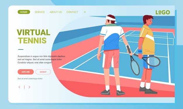 Pagina di destinazione del torneo di tennis due giocatori sul lato dell'illustrazione piatta del campo