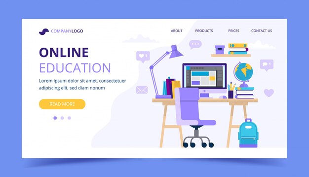 Pagina di destinazione dell'istruzione online con una scrivania per studenti con diversi oggetti di studio.