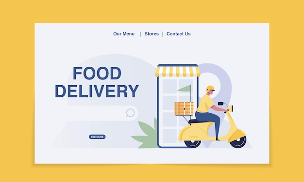 Pagina di destinazione della consegna. cibo Consegna in Scooter. illustrazione vettoriale