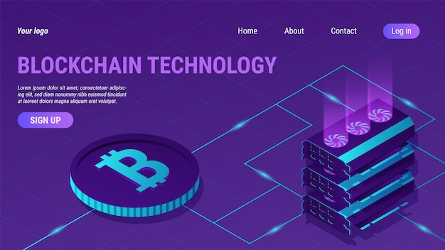 Pagina di destinazione della tecnologia blockchain Mineria di valute crittografiche Isometrico banner Ethereum Investimento Bitcoin Agricoltura di denaro 3D Scambio di criptovalute Schema di sito web di schede video vettoriali