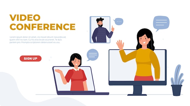 Pagina di destinazione della videoconferenza Gadget diversi per le riunioni online Donna e uomo che salutano dal computer desktop, laptop e tablet Tecnologia per il sito web del vettore di comunicazione remota