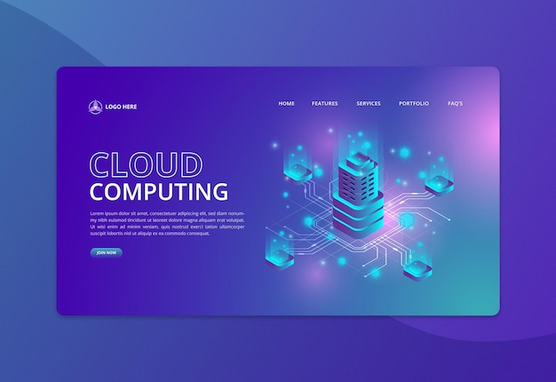 Pagina di destinazione isometrica del cloud computing digitale, processore per super computer. Pagina di destinazione isometrica futuristica. Sito Web di vettore di illustrazione realistica.