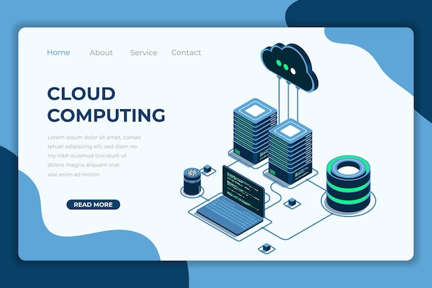 Pagina di destinazione isometrica per il cloud computing Server di archiviazione cloud Tecnologia di database online per il Cloud computing Tecnologia isometrica