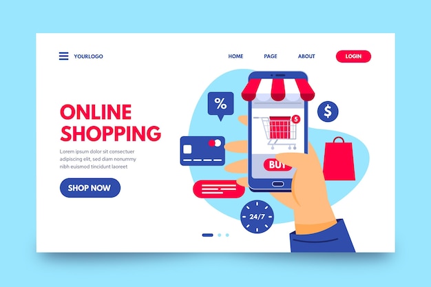 Pagina di destinazione online per lo shopping piatto