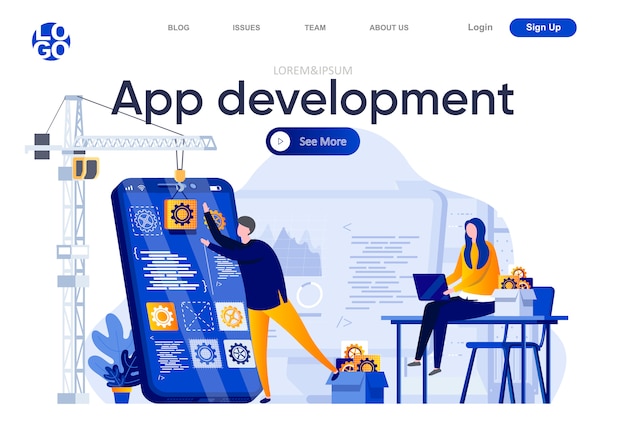 Pagina di destinazione piatta per lo sviluppo di app. Squadra di sviluppatori che creano l'illustrazione dell'applicazione mobile. Sviluppo di stack completo, composizione di pagine Web di ingegneria del software con caratteri di persone.