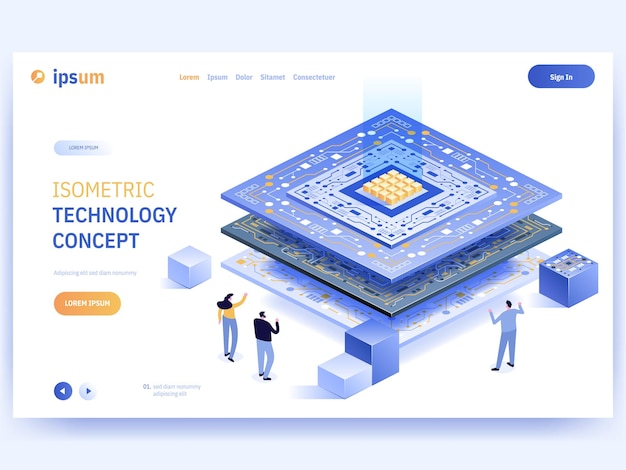 Pagina di destinazione vettoriale del concetto di tecnologia isometrica Lavoro di squadra di sviluppatori sviluppo hardware e ottimizzazione enorme microcircuito processore per computer Illustrazione dei caratteri del banner pubblicitario