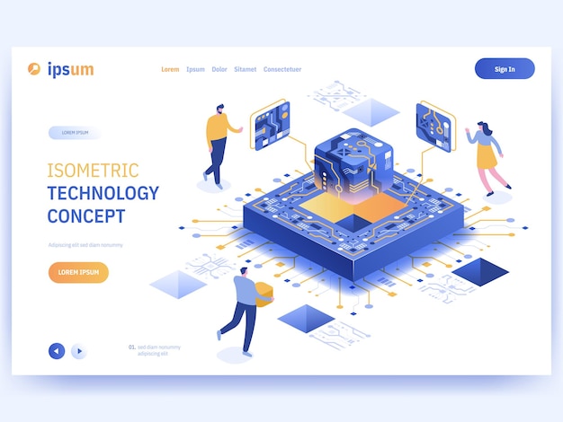 Pagina di destinazione vettoriale del concetto di tecnologia isometrica Un team di ingegneri collega e configura parti di un enorme microprocessore astratto o chip di computer Illustrazione dei caratteri del banner pubblicitario