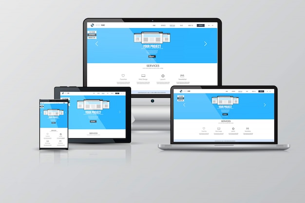 Pagina di interfaccia su diversi dispositivi: laptop, computer, monitor, tablet, smartphone