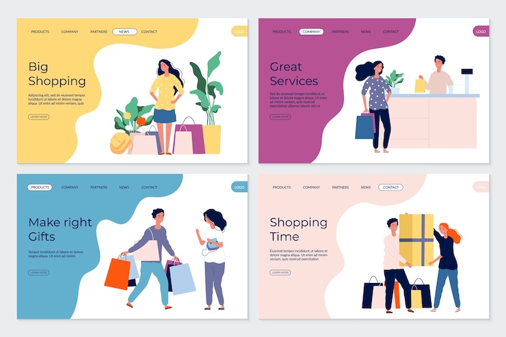 Vettore pagine di destinazione dello shopping. personaggi dello shopping. persone in acquirenti di negozi boutique del mercato. clienti piatti con acquisti di regali di borse.