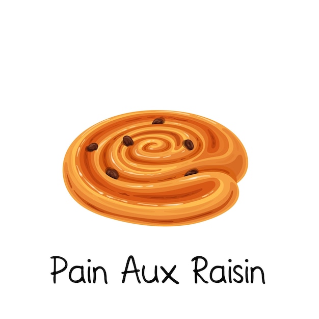 Pain aux uvetta, icona del panino dolce. Illustrazione colorata del prodotto da forno francese.