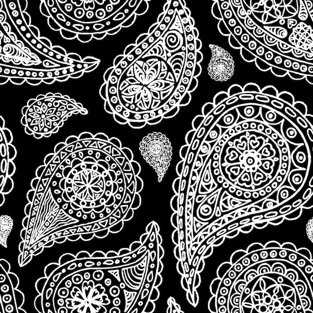 Paisley buta doodle linea monocromatica arte modello senza cuciture vettore