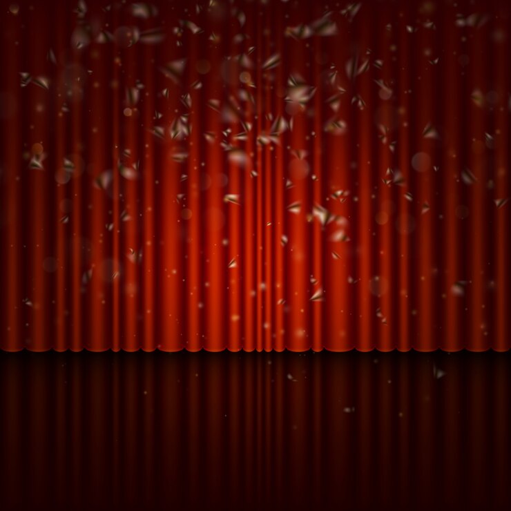 Vettore palco con tenda rossa e effetto streamer.