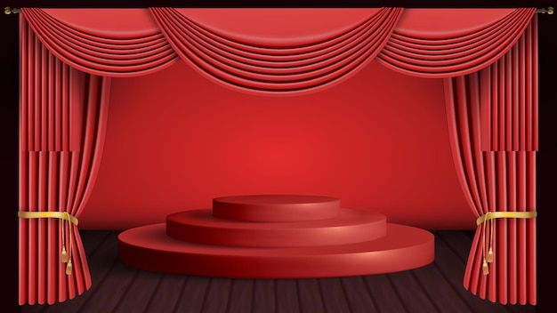 Palcoscenico con tende rosse e vettore di tendaggi 3d per palcoscenico rosso