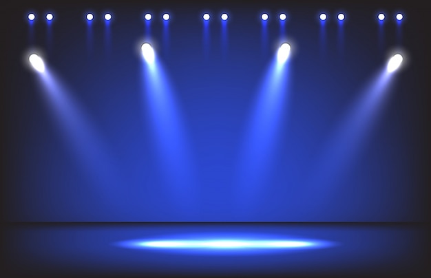 Palcoscenico notturno con illuminazione sfondo scena riflettori