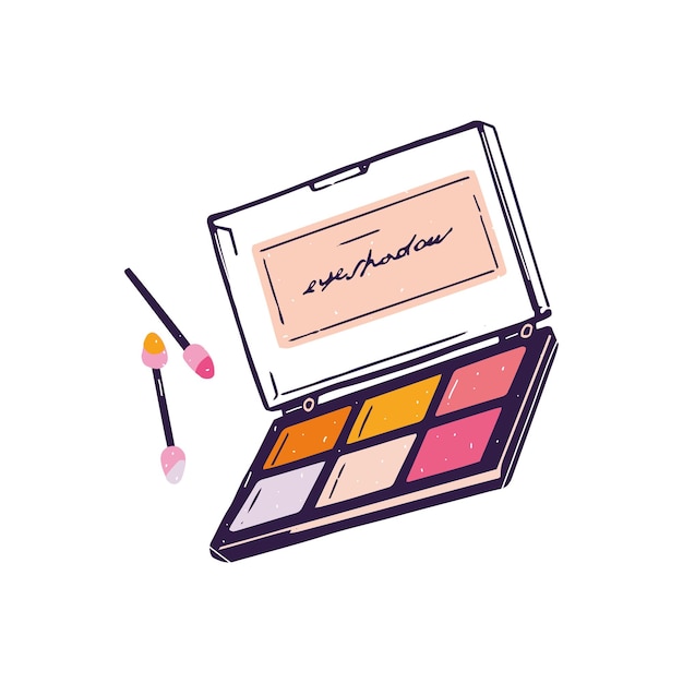 Palette di ombre dagli occhi con diversi colori di pigmento Imballaggio aperto di ombre agli occhi con applicatori Cosmetici decorativi per il trucco Materiali di trucco Illustrazione vettoriale isolata piatta su sfondo bianco