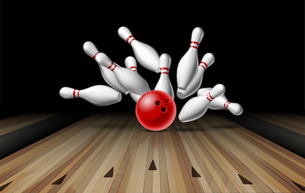 Palla da bowling rossa che si schianta contro i perni sulla linea di bowling Illustrazione dello sciopero del bowling