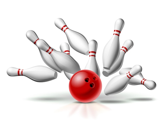 Palla da bowling rossa che si schianta contro i perni