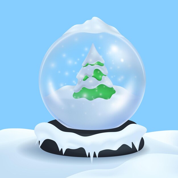 Palla di Natale con pino verde coperto di neve su un paesaggio innevato