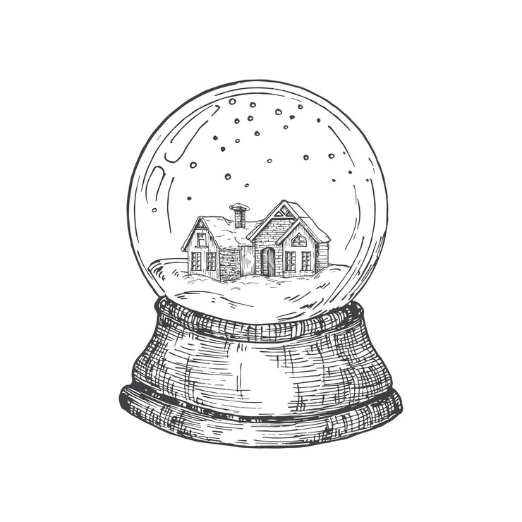 Palla di neve di natale disegnata a mano con casa giocattolo all'interno dell'illustrazione vettoriale di schizzo astratto inverno holi...