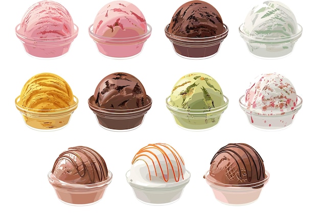 Palle di gelati diversi su sfondo bianco