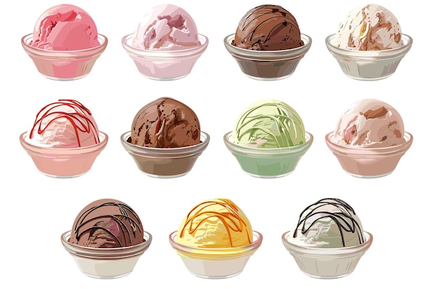Palle di gelati diversi su sfondo bianco