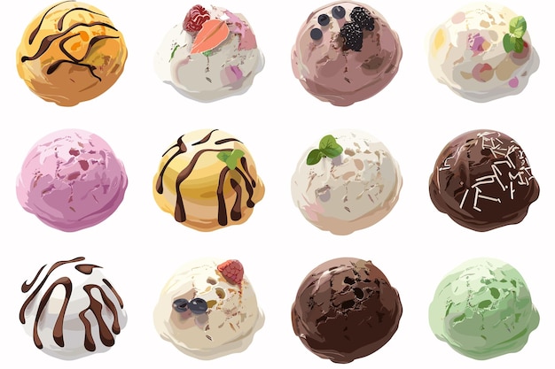 Palle di gelati diversi su sfondo bianco