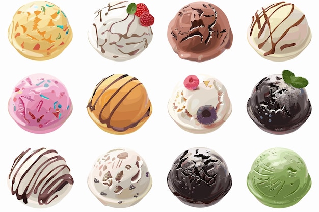 Palle di gelati diversi su sfondo bianco