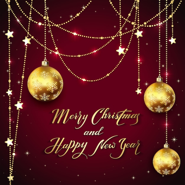 Palle di Natale dorate e stelle decorative su sfondo rosso, scritte Buon Natale e Felice Anno Nuovo con decorazioni natalizie in oro, illustrazione.
