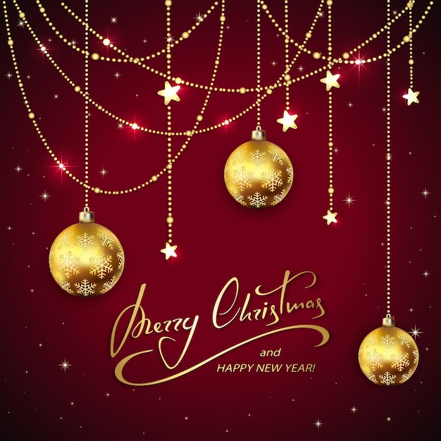 Palle di Natale dorate e stelle decorative su sfondo rosso vacanza con scritte Buon Natale e Felice Anno Nuovo, illustrazione.
