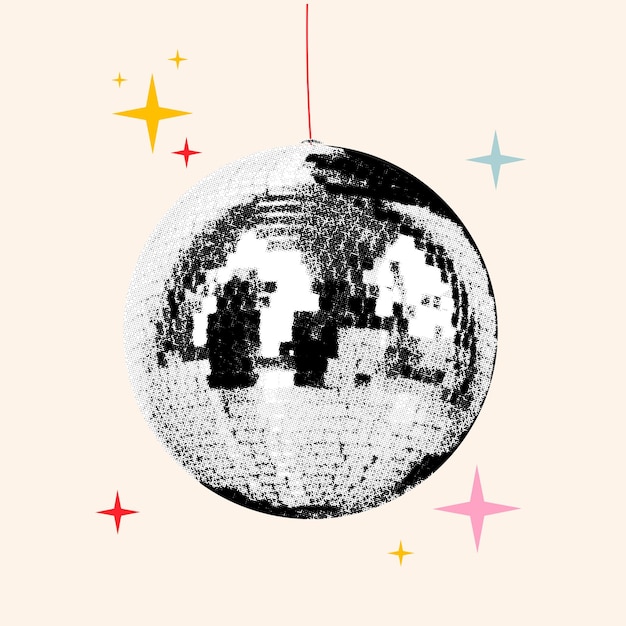 Pallina disco luccicante fotocopia a mezza tonalità effetto collage a punti con riflessi scintillanti