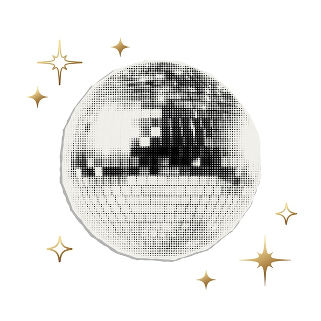 Pallina disco lucida e stelle dorate con effetto a mezza tonalità adesivo tagliato vettoriale elemento di design di collage moderno di tendenza su sfondo trasparente