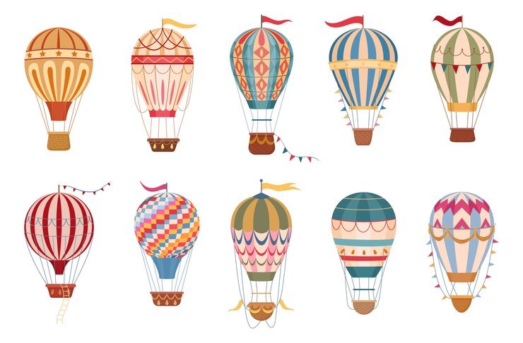 Vettore palloncini ad aria calda d'epoca palloncini ad aria calda di cartoni animati decorati con ghirlande e bandiere set di illustrazioni vettoriali piatte collezione di trasporto aereo retro.