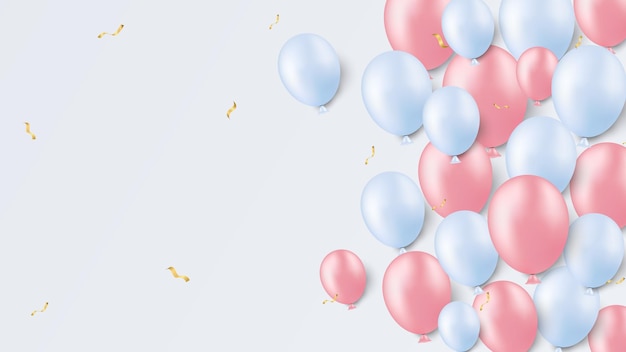 Palloncini blu e rosa su sfondo dolce, illustrazione vettoriale di vendita. Sfondo di celebrazione.