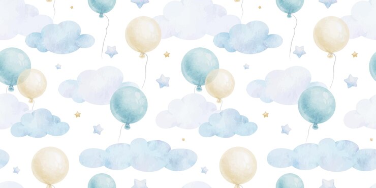 Palloncini blu rotondi, stelle e nuvole, sfondo di bambini carini, acquerello, modello senza cuciture di colore pastello per bambini, buon design della stanza dei bambini, invito per bambini, abbigliamento tessile.