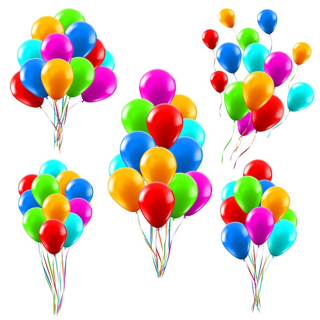 Palloncini colorati realistici. Mazzi di palloncini di elio verde, rosso e blu lucido, insieme dell'illustrazione delle decorazioni di celebrazione della festa di compleanno. Celebrazione di compleanno e collezione anniversario