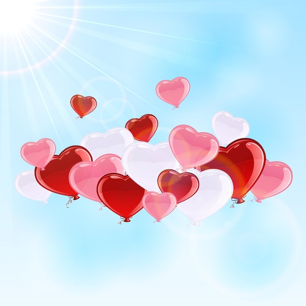 Palloncini di San Valentino a forma di cuore sullo sfondo del cielo, illustrazione.