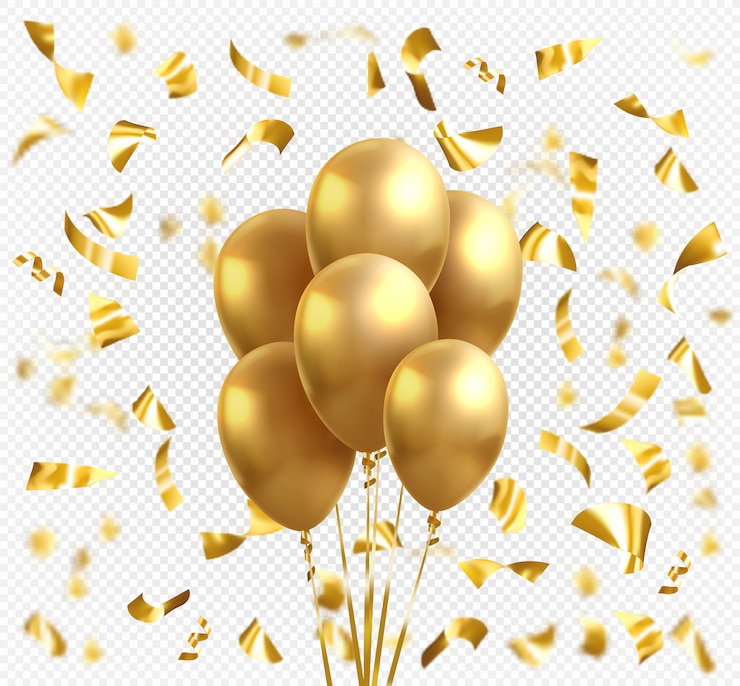 Vettore palloncini in oro giallo e coriandoli con stelle dorate. baloon lucido oro realistico realistico di vettore per la cartolina d'auguri di celebrazione di festa