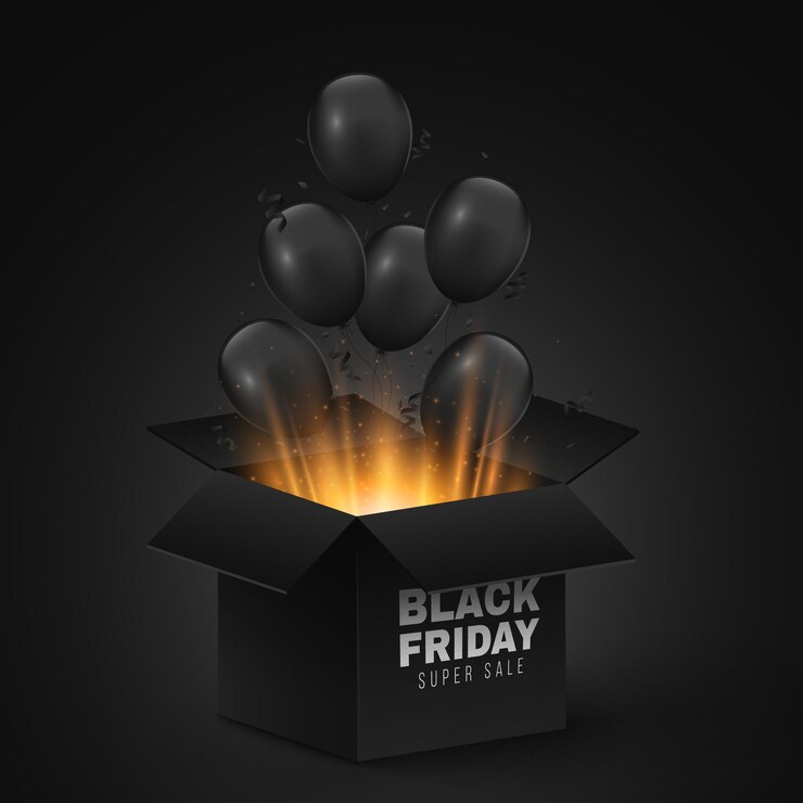 Vettore palloncini neri volano fuori da una magica scatola 3d aperta con un bagliore dorato e polvere magica elementi grafici per la vendita del black friday illustrazione vettoriale eps 10