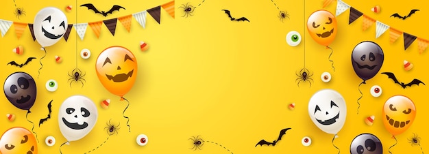 Palloncini spaventosi con ragni e pipistrelli sul banner giallo di Halloween