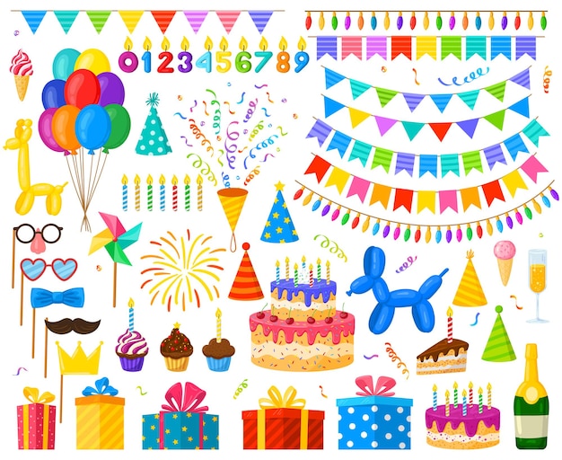 Palloncini, torta e regali di celebrazione della festa di compleanno del fumetto. Set di illustrazioni vettoriali per decorazioni per feste di carnevale, caramelle e candele. Elementi di festa di compleanno