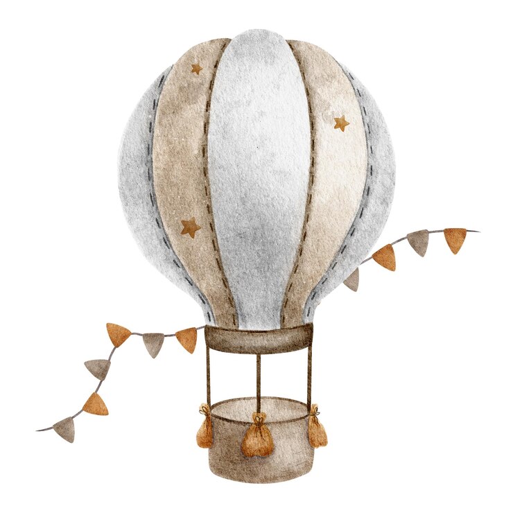 Palloncino ad aria calda beige con cestino e ghirlanda di bandiere simpatico aereo bambino illustrazione ad acquerello