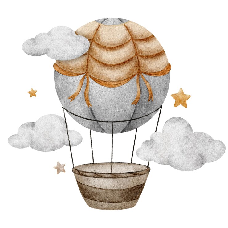 Palloncino ad aria calda beige con cesto che vola tra le nuvole e le stelle aereo per bambini carino illustrazione ad acquerello disegno isolato per bambini articoli vestiti cartoline baby shower e stanza per bambini