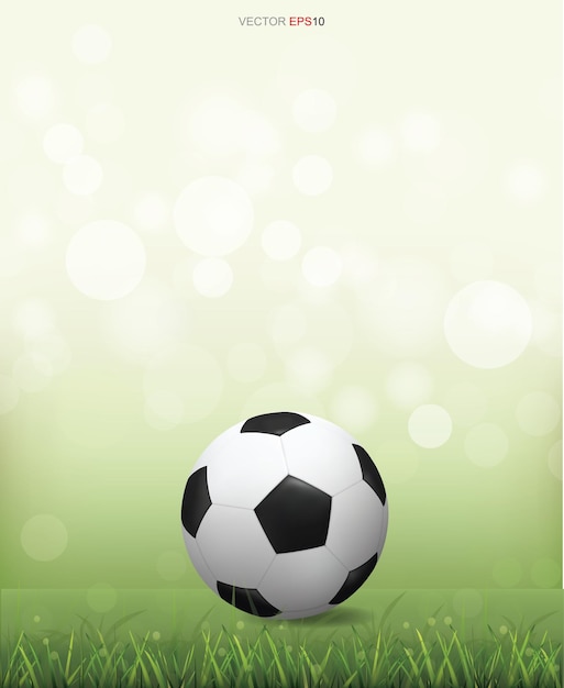 Pallone da calcio calcio sul campo di erba verde con sfondo bokeh sfocato luce. Illustrazione vettoriale.
