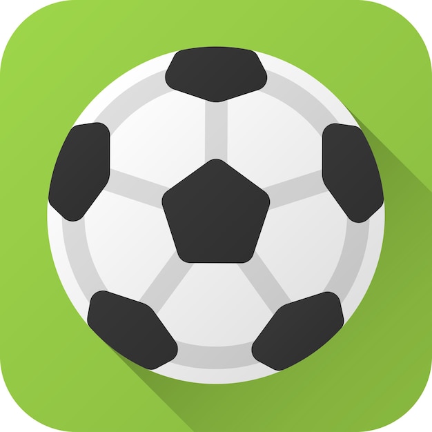 Pallone da calcio in bianco e nero in pelle giocattolo in design piatto con icona di illustrazione vettoriale lunga ombra