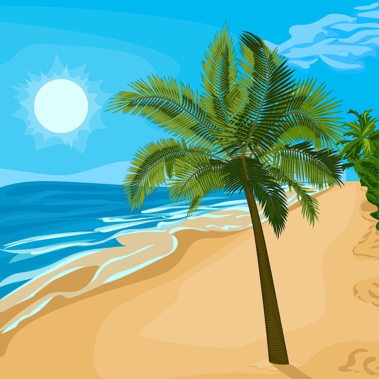 Vettore palma sulla spiaggia di sabbia illustrazione vettoriale di palma sulla spiaggia del mare immagine di palma tropicale