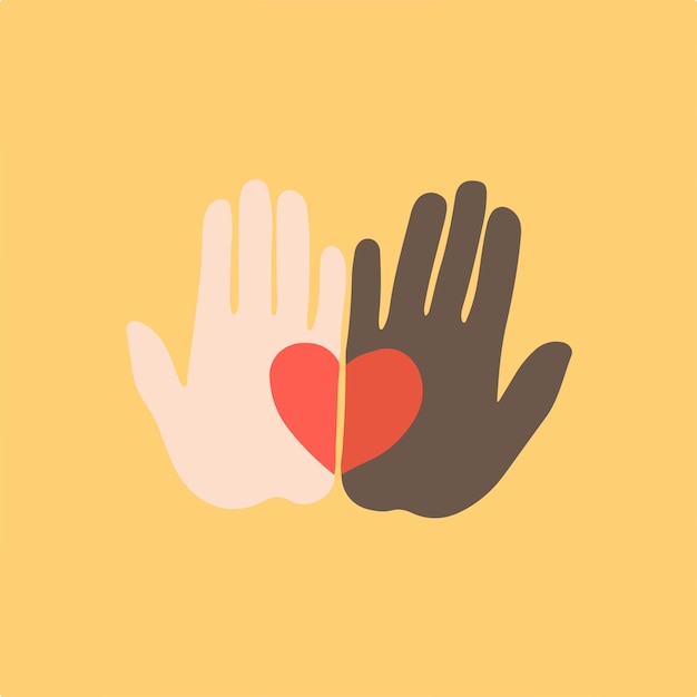 Palmo delle mani di colore diverso con il simbolo del cuore rosso su sfondo giallo piatto Vector Illustration