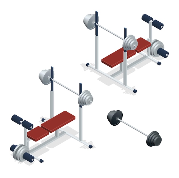 Panca pesi regolabile palestra con bilanciere isolato su sfondo bianco. Illustrazione vettoriale isometrica 3d piatta.