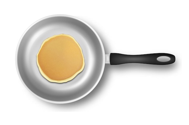 Pancake realistico nel primo piano della padella isolato sulla vista superiore bianca