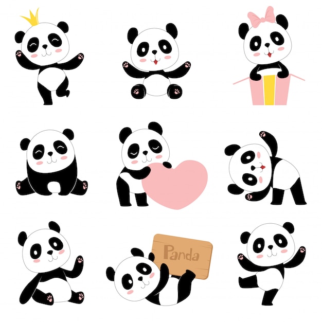 Panda bambino carino. Raccolta divertente dei caratteri della mascotte del bambino dell'orso di panda di simboli cinesi degli animali del giocattolo nello stile del fumetto